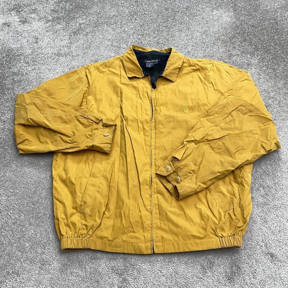 Nautica Windbreaker Jacket Mens XL Mustard Yellow Full Zip Pockets Lined Outdoor